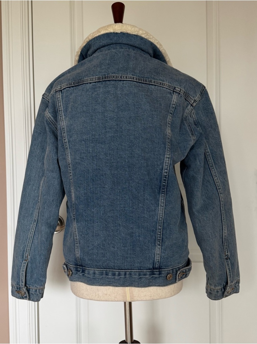 Topshop Moto Cream Sherpa-Lined Jacket with Denim Trim - Picture 3 of 4
